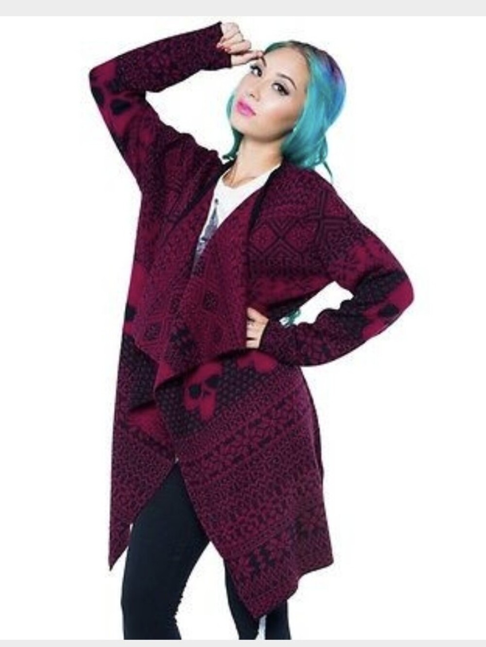 Iron Fist My‎ Christmas Drape Plum Red Skulls Open Front Cardigan Medium